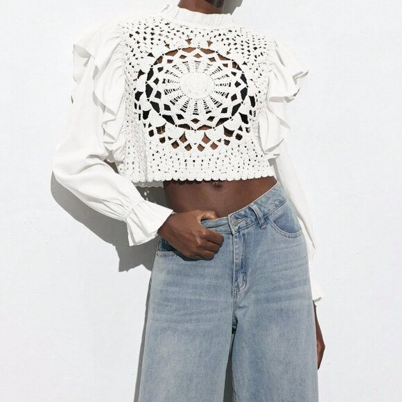 White Casual Women's Apricot Hollow Hook Flower Splicing Ruffles Tops - Picture 4 of 7